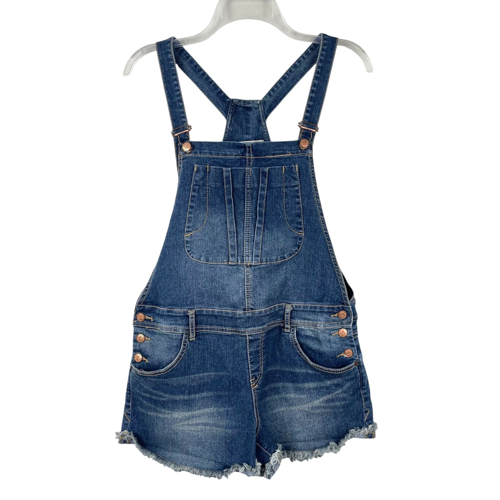 American Rag Denim Overall Jean Shorts Sz 7 Raw Hem Bib Shortalls Medium Wash